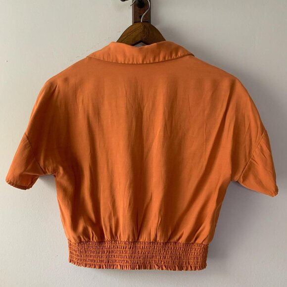 SHEIN Orange Collared Button Down Cinch Elastic Waist Cropped Blouse Top Size S - Picture 3 of 4
